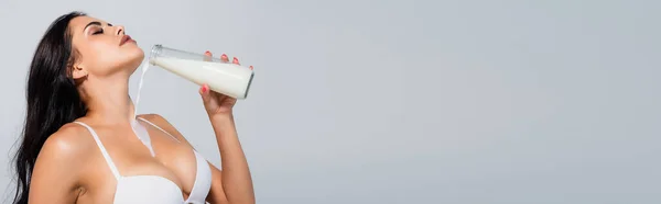 Horizontal image of sexy woman in bra holding bottle and pouring milk on body isolated on grey — Stock Photo