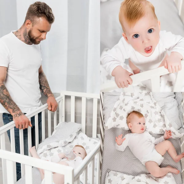 Collage de jeune homme tatoué debout près du fils du nourrisson couché dans la crèche, et bébé garçon regardant la caméra avec la bouche ouverte — Photo de stock