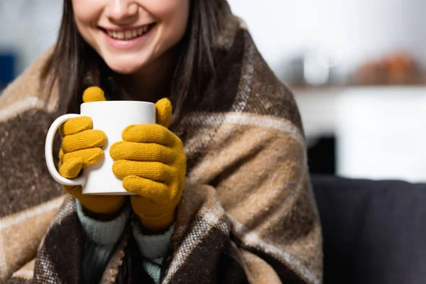 Vista ritagliata della donna che indossa guanti in maglia, avvolto in coperta a quadri, tenendo in mano una tazza di tè caldo a casa — Foto stock