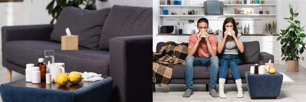 Collage of diseased couple sneezing in paper napkins at home, and medicines near fresh lemons, panoramic crop — Stock Photo