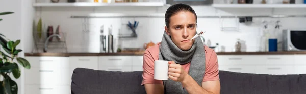 Panoramic concept of ill young man with warm scarf on neck and thermometer in mouth holding cup of warm tea in kitchen — Stock Photo