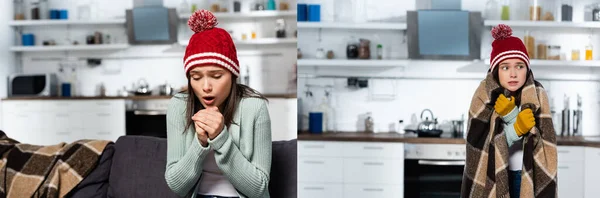 Колаж холодної жінки в в'язаному капелюсі, обгортається в плетеній ковдрі і дме на стиснуті руки на кухні, панорамна орієнтація — стокове фото