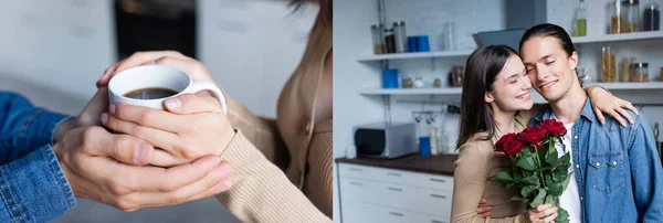 Collage di donna gioiosa che tiene rose e abbraccia il fidanzato, e coppia che tiene insieme una tazza di caffè, concetto orizzontale — Foto stock