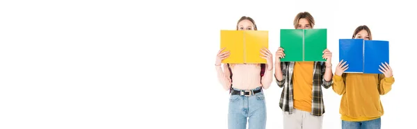 Tiro panorâmico de adolescentes cobrindo rostos com cadernos isolados em branco — Fotografia de Stock