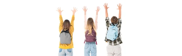 En-tête de site Web d'adolescents avec des sacs à dos et les mains levées isolés sur blanc — Photo de stock