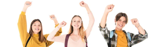 Orientation panoramique d'adolescents gais montrant un geste ouais isolé sur du blanc — Photo de stock