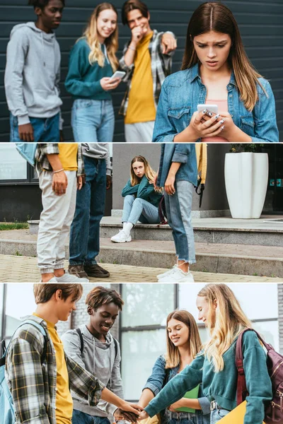 Collage de chica triste sosteniendo teléfono inteligente cerca de adolescentes y amigos tomados de la mano al aire libre - foto de stock