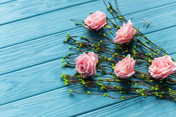 Wooden blue background with blossoming branches and roses — Stock Photo