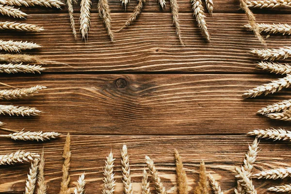 Вид сверху рамы из колосьев пшеницы на деревянном фоне — стоковое фото