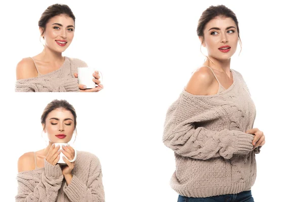 Collage di donna sensuale in elegante maglia maglione tenendo tazza di tè isolato su bianco — Foto stock
