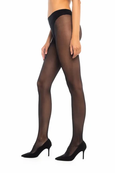 Cropped view of woman standing in black tights and shoes isolated on white — Stock Photo