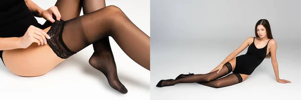 Collage di donna sdraiata in body nero e calze, toccando pizzo di calza, banner — Foto stock