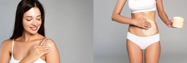 Collage di donna sorridente che applica crema sulla spalla e sull'addome, tenendo in mano il barattolo grigio, banner — Foto stock