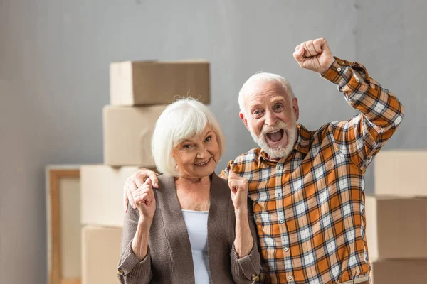 Excitada pareja de ancianos con los puños arriba mostrando signo de hurra, concepto en movimiento - foto de stock