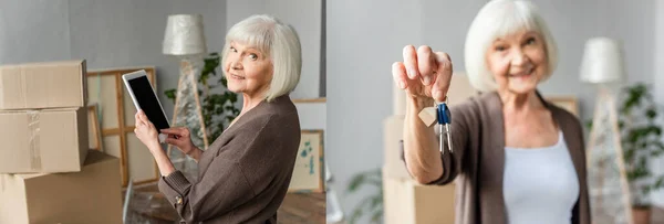 Collage einer Seniorin, die ein digitales Tablet mit leerem Bildschirm hält und zurückblickt und Schlüssel in der Hand hält, bewegendes Konzept — Stockfoto