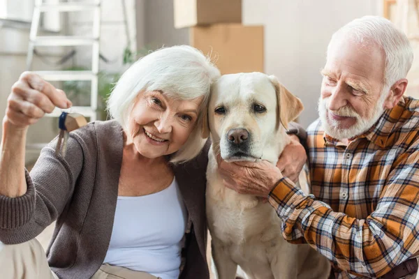 Senior homme caressant chien tandis que femme tenant des clés, concept mobile — Photo de stock