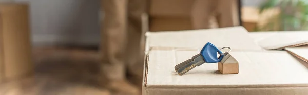 Tiro panorâmico de chaves deitado em caixa de papelão, conceito em movimento — Fotografia de Stock