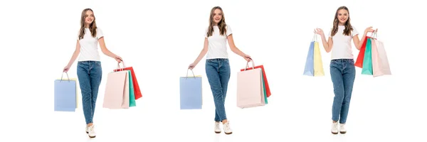 Collage de alegre joven sosteniendo bolsas aisladas en blanco - foto de stock