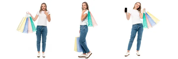Колаж радісної молодої жінки, що тримає сумки для покупок і смартфон з порожнім екраном ізольовано на білому — стокове фото