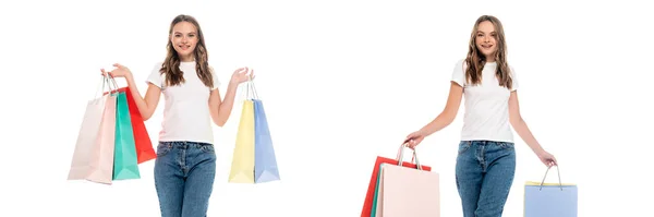 Collage einer zufriedenen jungen Frau mit Einkaufstüten auf weißem Grund — Stockfoto