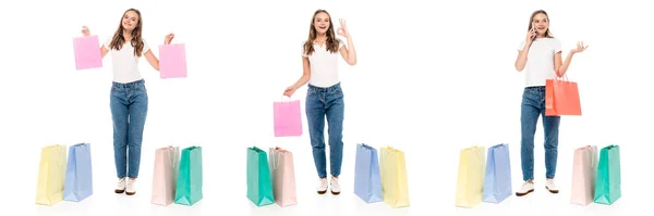 Collage di donna gioiosa parlando su smartphone e mostrando segno ok vicino shopping bags isolato su bianco — Foto stock