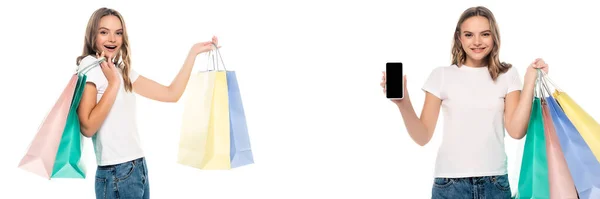 Collage de mujer joven emocionada sosteniendo bolsas de compras y teléfono inteligente con pantalla en blanco aislado en blanco - foto de stock