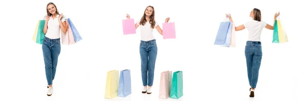 Collage de mujer excitada sosteniendo bolsas de compras y caminando aislado en blanco - foto de stock