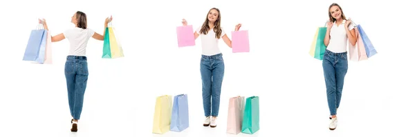 Colagem de mulher animado de pé com sacos de compras e andando isolado em branco — Fotografia de Stock