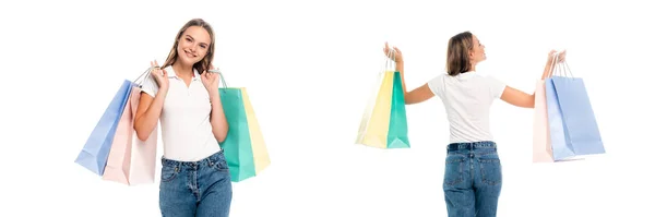 Colagem de mulher satisfeita segurando sacos de compras coloridos isolados em branco — Fotografia de Stock