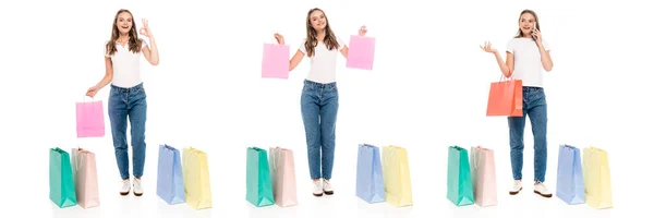 Collage di piacere giovane donna parlando su smartphone e mostrando segno ok vicino shopping bags isolato su bianco — Foto stock