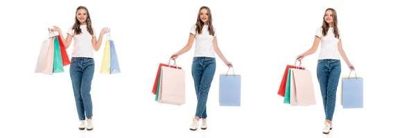 Коллаж довольной молодой женщины в джинсах проведение красочные сумки для покупок изолированы на белом — стоковое фото