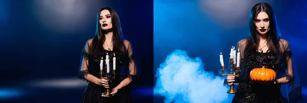 Collage de mujer con maquillaje negro sosteniendo calabaza y velas en azul con humo, concepto de halloween - foto de stock