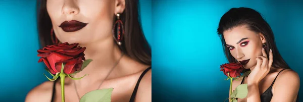 Collage de jeune femme avec rouge à lèvres noir près de rose rouge sur bleu — Photo de stock