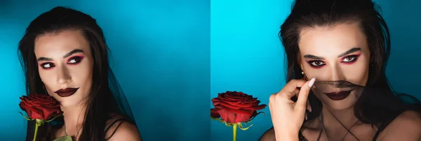 Collage de femme maléfique avec maquillage noir et voile sombre près de rose sur bleu — Photo de stock