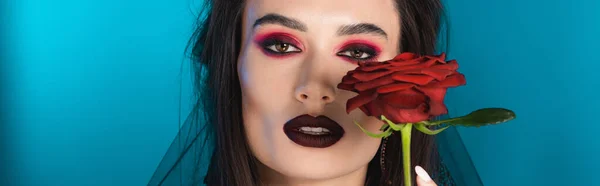 Concetto panoramico di donna bruna con trucco scuro vicino rosa rossa su blu — Foto stock