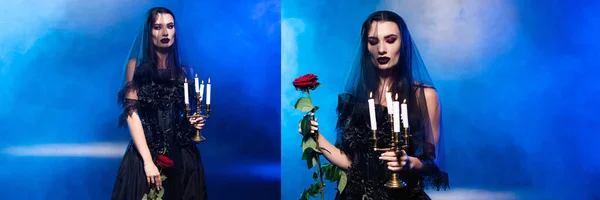 Collage de femme en robe noire et voile tenant rose rouge et bougies allumées sur bleu avec fumée, concept halloween — Photo de stock