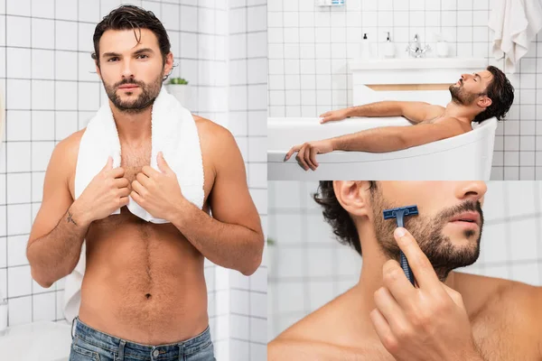 Коллаж мужчина без рубашки принимая ванну, держа полотенце и бритья с бритвой в ванной комнате — стоковое фото