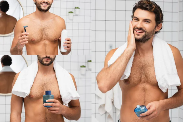 Коллаж улыбающийся мужчина без рубашки с полотенцем применяется после бритья лосьон и проведение бритвы с пеной в ванной комнате — стоковое фото