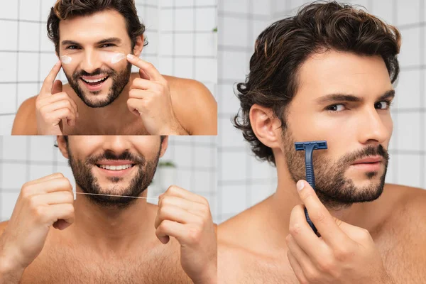 Collage de hombre sin camisa aplicando crema facial, sosteniendo hilo dental y afeitándose con afeitadora en el baño - foto de stock