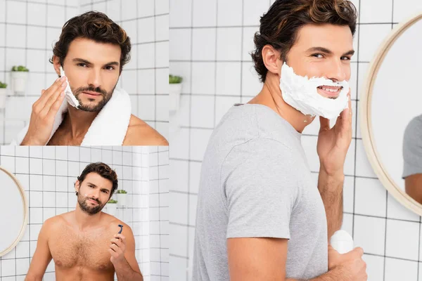 Collage del hombre aplicando espuma de afeitar y sujetando la cuchilla en el baño - foto de stock