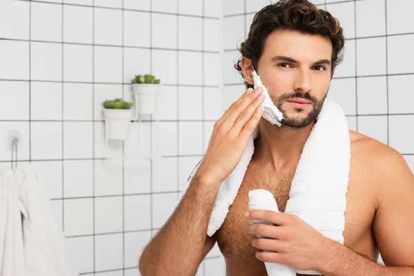 Shirtless homem olhando para a câmera ao aplicar espuma de barbear no banheiro — Fotografia de Stock