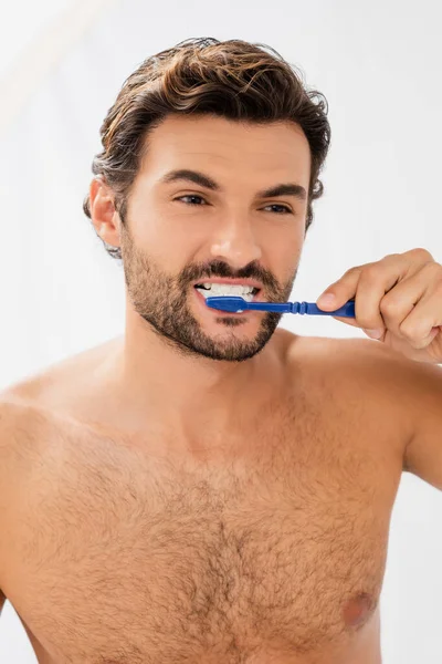 Hombre barbudo mirando hacia otro lado mientras se cepilla los dientes en el baño - foto de stock