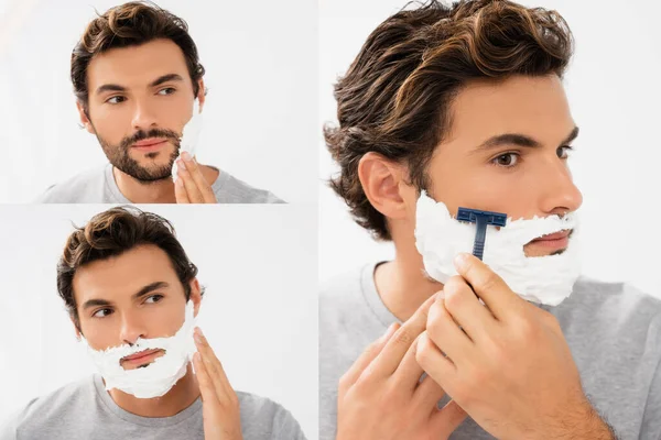 Collage eines jungen Mannes, der Schaum aufträgt und sich mit Rasiermesser rasiert, isoliert auf grau — Stockfoto