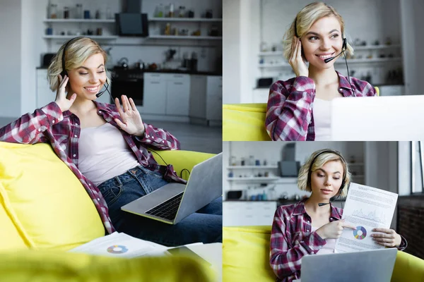 Collage de la mujer que tiene webinar en línea sentado en casa - foto de stock