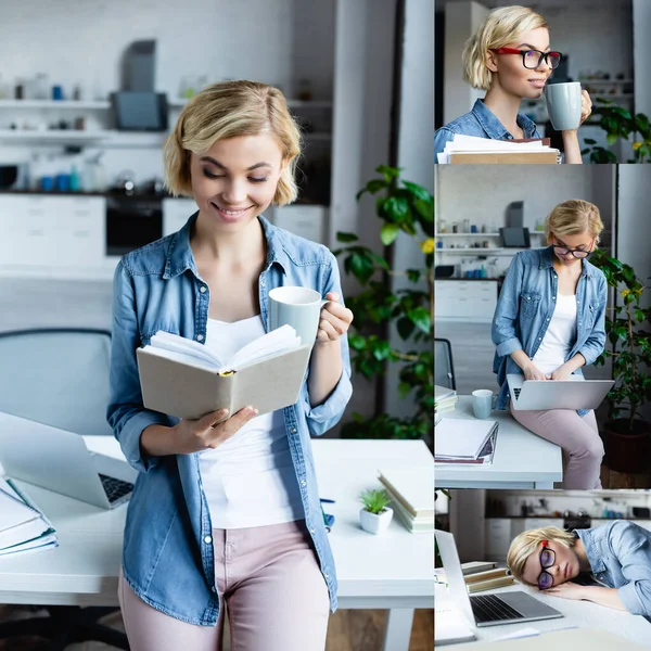 Collage di giovane donna bionda che legge libro e beve tè e lavora a casa — Foto stock