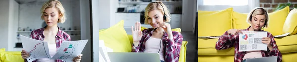 Collage einer jungen blonden Frau bei einer Online-Konferenz und zeigt Grafiken — Stockfoto