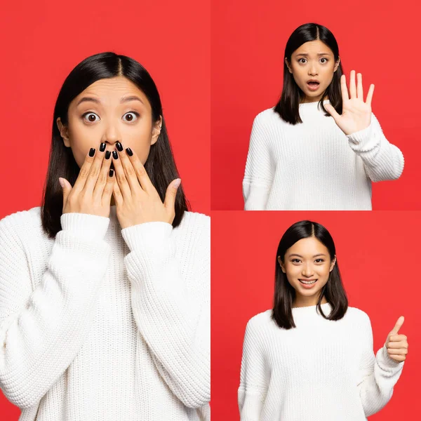Collage einer schockierten asiatischen Frau, die den Mund bedeckt, keine Geste zeigt und lächelt, während sie mit dem Finger auf Rot zeigt — Stockfoto
