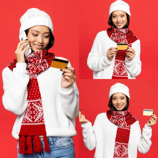 Collage of asian woman talking on smartphone and holding credit card while showing money gesture isolated on red — Stock Photo
