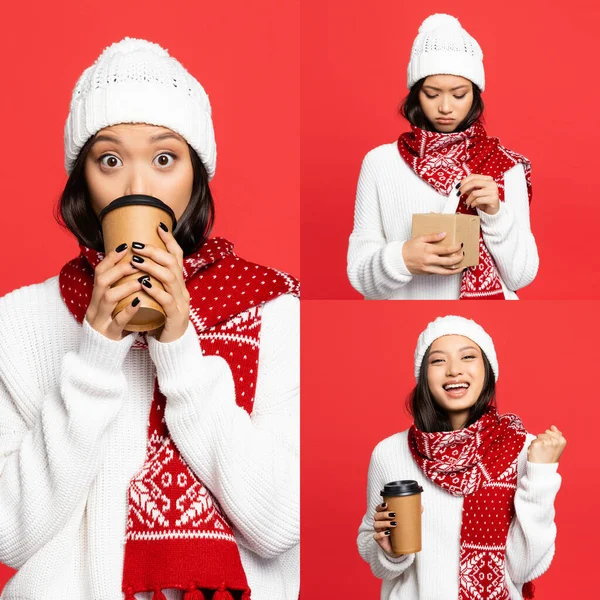 Choqué asiatique femme dans chapeau et écharpe boire du café pour aller, se sentir bouleversé et tenant boîte de tissu isolé sur rouge — Photo de stock