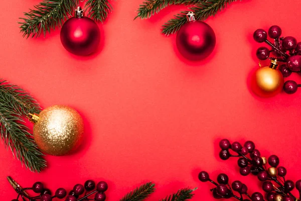 Top view of spruce, baubles and berries on red background — Stock Photo